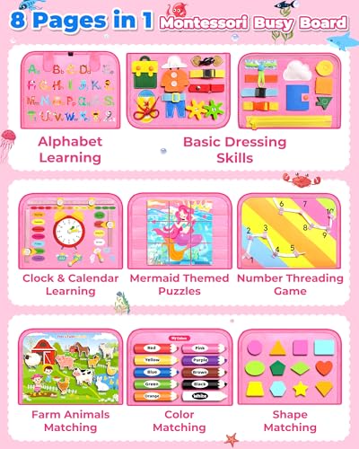 Gojmzo Busy Board Montessori Toys for Toddler Girl Birthday Gifts, Busy Book Sensory Toys for Toddlers, Learning Educational Toddler Travel Activities - style: Pink/P8