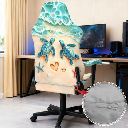 Sea Turtle Print Gaming Chair Covers with Armrest Covers Dust-Proof Universal Fit Gamer Desk Chair Cover for Ergonomic Game Rotating Office Chairs, Easy to Install - color: Brown and Blue - Sea Turtle