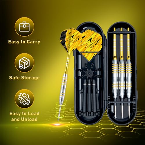 XAWU 3 Pack Steel Tip Darts Set Professional Darts 22g, 24g with 9 Dart Flights 3 Aluminum Shafts 3 Spare Shafts 1 Dart Sharpener 12 Rubber O-Rings Flight Protector and Darts Case - color: 24g Moonlight Yellow
