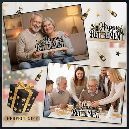 Happy Retirement Party Table Decorations Black and Gold Metal Table Sign with Wooden Base Happy Retirement Gift for Women Men Coworker Tabletop Centerpieces for Home Mantel Shelf Desk - style: Happy Retirement
