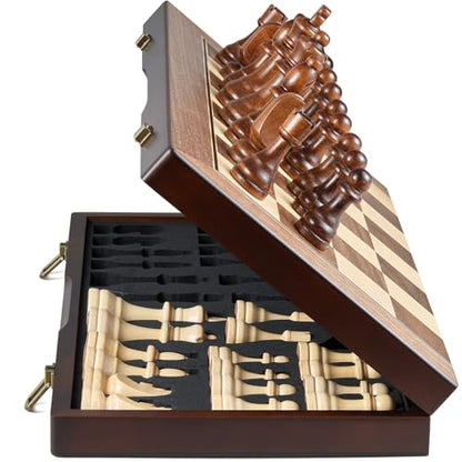 AMEROUS 17'' Magnetic Wooden Chess Set for Adults Kids - with Folding Board, Gift Package, Pieces Storage Slots, Handmade Pieces,Chess Board Game Set for Tournament Professional Beginner - size: 17 inches
