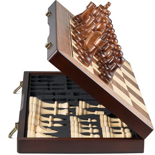 AMEROUS 17'' Magnetic Wooden Chess Set for Adults Kids - with Folding Board, Gift Package, Pieces Storage Slots, Handmade Pieces,Chess Board Game Set for Tournament Professional Beginner - size: 17 inches