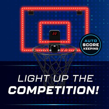Over-The-Door LED Basketball Hoop with Electronic Scoring & Sound, Light-Up Backboard, Indoor Mini Sports Game, Includes Countdown Timer, Mute Mode, Metal Rim, Easy Setup