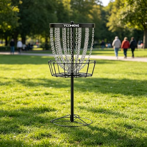 YC Disc Golf Basket Pro with 5 Discs, 24-Chain Portable Disc Golf Target Practice Basket, Heavy Duty Metal Frisbee Golf Basket for Backyard, Park, Camping, Beginners and Family Fun