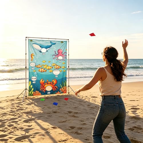 Ocean Toss Game Birthday Party Supplies Bean Bag Toss Game for Adults, Washable Heavy Duty Outdoor Indoor Throwing Theme Party Game Banner with 3 Bean Bags and 19.6ft String