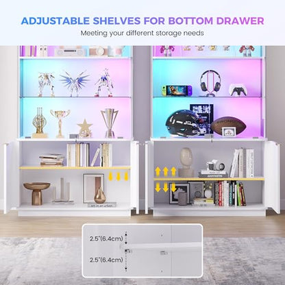 Dystler 71" Locking Glass Display Cabinet, 6-Tier Curio Case with RGB Light | Key Lock, Tempered Glass Shelves, RGB Motion-Sensor Lights, App Control, Curved Safety Edges, for Trophies & Figures - color: White