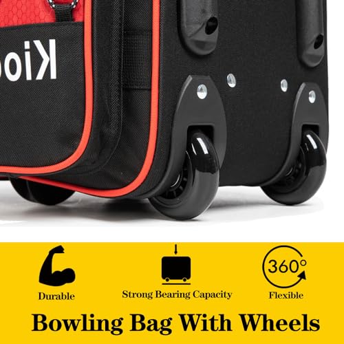 Double Roller 2 Ball Bowling Bag with Large Separate Shoe Compartment and Oversized Accessory Pocket, 36" Extendable Handle. - color: RED