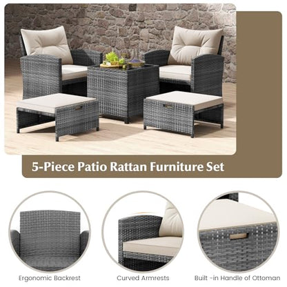 Tangkula 5 Pieces Patio Conversation Set, PE Wicker Rattan Outdoor Furniture Set with 2 Chairs, 2 Ottomans & Tempered Glass Coffee Table, Ideal for Poolside, Backyard, Lawn, Deck, Mix Grey & Off White - color: Mix Grey & Off White