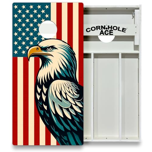 CornholeAce American Flag Series All Weather Pro Cornhole Board Set - Waterproof 4x2 Regulation Size, Made in USA, Triple Wide Legs, 3/4" PVC, Tournament Boards, Rainproof Outdoor Set (2 Boards) - color: Vintage Patriotic Eagle