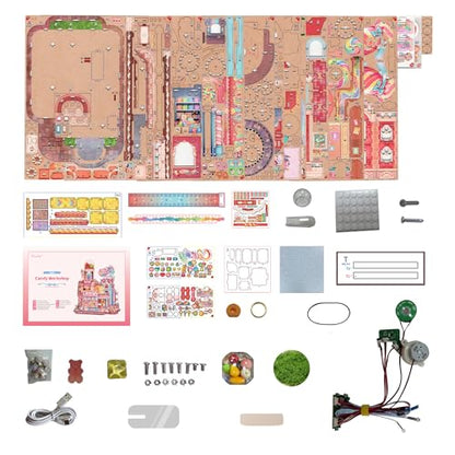 Tonecheer 3D Wooden Puzzle for Adults- Candy Workshop, Mechanical Transmission Model Kit, Dynamic DIY Building Set with Music & Lights, Miniature House Kit Ideas - style: Candy Workshop