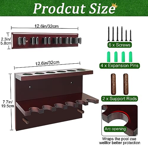 Hardwood Billiards Pool Cue Rack - Wall Mount Holder for 6 Cues, Sticks Storage and Table Accessories Organizer - Game Room Club (Red) - style: Red