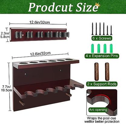 Hardwood Billiards Pool Cue Rack - Wall Mount Holder for 6 Cues, Sticks Storage and Table Accessories Organizer - Game Room Club (Red) - style: Red
