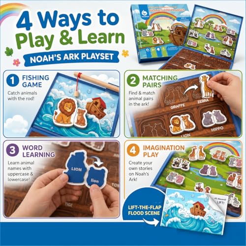 Travofun Noah's Ark Toy 4-in-1 Magnetic Travel Game for Kids, Fishing Game, Animal Matching Pairs & Word Learning, Screen-Free Busy Book, Christian Gifts Ages 3+ - style: Noah’s Ark Game