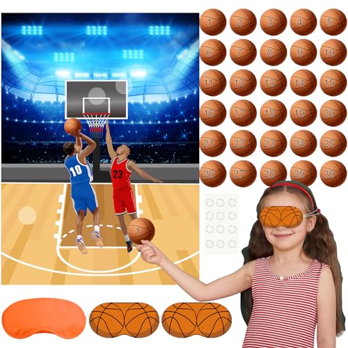 PLULON Basketball Party Game for Kids Pin The Basketball on The Hoop Game Basketball Poster with Basketball Stickers for Boys Girls Birthday Party Wall Decorations Classroom Activities - style: basketball