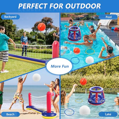 Jasonwell Pool Toys Games Set - 3 in 1 Pool Volleyball Net Basketball Hoop Ring Toss Game Inflatable Floats Water Floating Volleyball Swimming Pools Games Party Gift for Kids Adults (Red&Blue, L) - color: Red&blue, size: Large