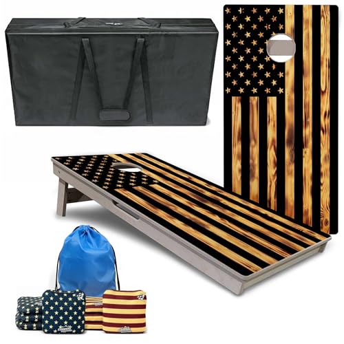 Cornhole Solutions PRO Tournament Cornhole Bundle – Regulation 4 ft x 2 ft Professional Set – ¾″ Baltic Birch Plywood – Folding Legs – UV Printed & Clear Coated - color: Burnt Flag