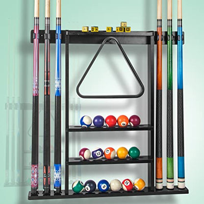 Black Pool Stick Holder, Wall Mount Pool Cue Rack ,Solid Wood Floor Stand for billiard cue sticks,Holds 6 Pool Cues & a Full Set of Balls,Professional Pool Table Accessories for Billiard Room or Club