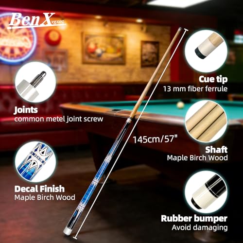 57 Inch Pool Cue Stick - 13mm Fiber Ferrule Tip, Maple Birch Wood Billiard Cue with Chalk & Glove | Explosion-Proof Joint for Home, Bar, Billiard Hall - style: Maple Birch Wood Billiard Cue-Blue