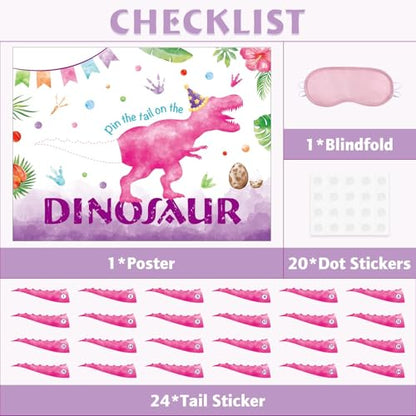 WERNNSAI Pin The Tail on The Dinosaur Game - Girl Dinosaur Party Decorations, 28" x 21" Dino Birthday Games for Kids, Includes Poster, Blindfold, 24 Pink Tails, 20 Dot Stickers - style: Dinosaur F