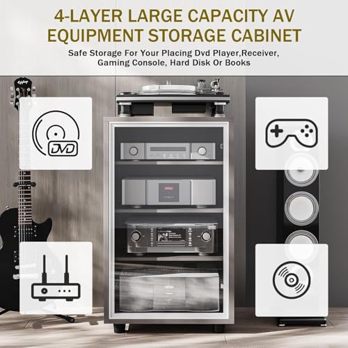 Media Storage Cabinet with Tempered Glass Door, 3 Adjustable Shelves Stereo Cabinet with Cable Management, AV Rack for Living Room/Gaming Setup/Home Studio Audio Rack (Grey)