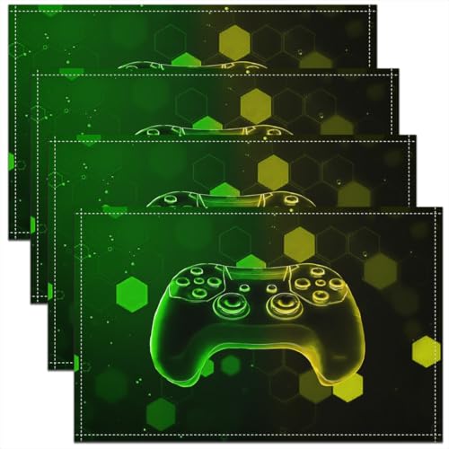 Erosebridal Gamer Boys 4 PCS of Placemats 12x18 Joystick Place Mat for Dining Table Lights Neon Modern Gamepad Non Slip Table Mats Geometric Green Yellow - color: Green Yellow