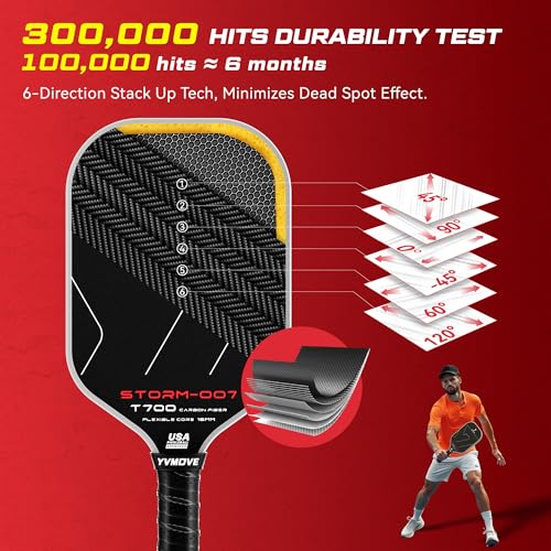 YVmove USAPA Approved Raw Carbon Fiber Pickleball Paddle, 16mm Thermoformed Pickleball Racket with High Spin & Extended Grip, Professional Pickleball Paddle for Control and Power - color: Pure Black
