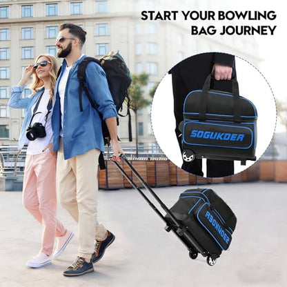 2 Bowling ball Bag with Wheels, Lightweight Trolley Double Ball Bowling bag with Large Separate Shoe Compartment and Oversized Accessory Pocket, Retractable Handle Extends To 39.5" - color: Black & Blue