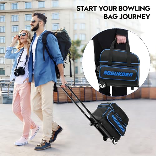 2 Bowling ball Bag with Wheels, Lightweight Trolley Double Ball Bowling bag with Large Separate Shoe Compartment and Oversized Accessory Pocket, Retractable Handle Extends To 39.5" - color: Black & Blue