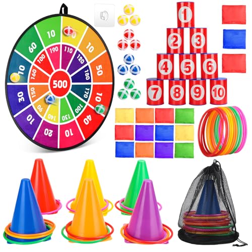 Hungdao 3 Sets Carnival Games Combo Set, Dart Board with Balls Plastic Cones Ring Bean Bags Toss Game for Boys Girls Adults Family Birthday Yard Indoor Outdoor - style: Classic Style