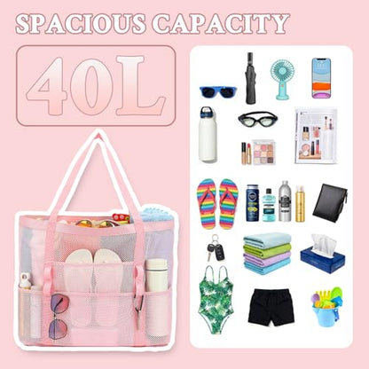 GYEUKHAM Mesh Beach Bag for Women, Sand-Resistant Pool Tote, 9 Pockets (1 Inner Zip), Foldable Family Travel Essentials - color: L-pink