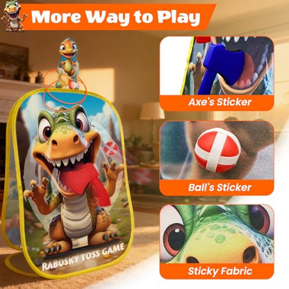 RaboSky 4-in-1 Dinosaur Bean Bag Toss Game for Kids Ages 3-5 4-8, Big Birthday Party Gifts & Fun Outdoor Activities for Boys, Toddlers with 6 Fruit Beanbags, 6 Rings, 6 Sticky Balls & 2 Axes - color: Dinosaur 20×28