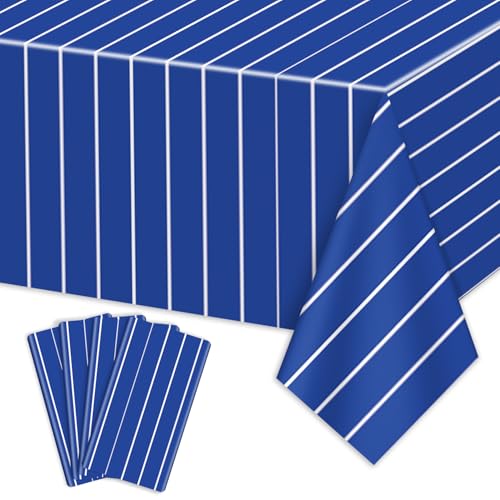 4 Pcs Plastic Baseball Tablecloths, Rectangle Blue Stripe Party Table Cloth for Baseball Game Day Sports Theme Party Supplies, 51 x 86 Inches - color: White on Blue