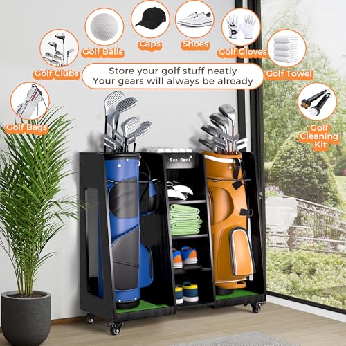 Golf Bag Organizer for 2-Bags Storage - Wooden Golf Bag Stand Rack with Wheels, Heavy Duty Space Saving Golf Club Holder, for Golfers, Husband, Father
