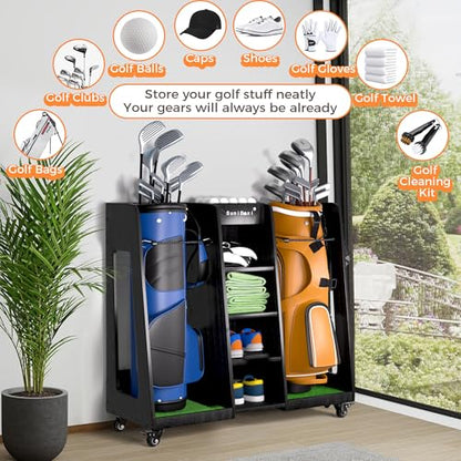 Golf Bag Organizer for 2-Bags Storage - Wooden Golf Bag Stand Rack with Wheels, Heavy Duty Space Saving Golf Club Holder, for Golfers, Husband, Father