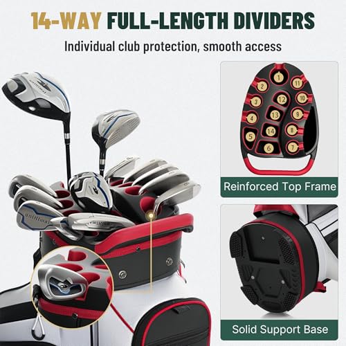 uniHimal Golf Cart Bag with 14-Way Full-Length Dividers, Golf Bag for Men Women with Magnetic Leather Pocket, Handles and Rain Cover, Lightweight Golf Club Bag Includes Cooler Pockets - color: White