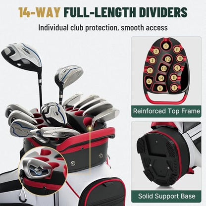 uniHimal Golf Cart Bag with 14-Way Full-Length Dividers, Golf Bag for Men Women with Magnetic Leather Pocket, Handles and Rain Cover, Lightweight Golf Club Bag Includes Cooler Pockets - color: White