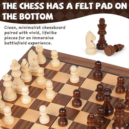 2 in 1 Magnetic Wooden Chess and Checkers Board Game Set, 12" Folding Chess Boards, Portable Travel Chess Sets with Pieces Storage Slots, Beginner Chess Game Set for Kids and Adults