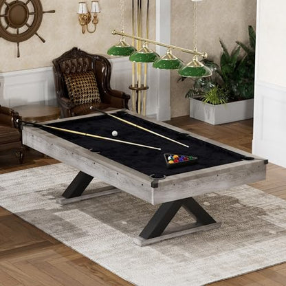 7 ft Pool Table, 84” Billiard Table with Billiard Balls, Cues, Cleaning Brush, X-Shaped Legs and Black Cloth, for Family Game Room, Adult Rrec Room, Basements or Garage