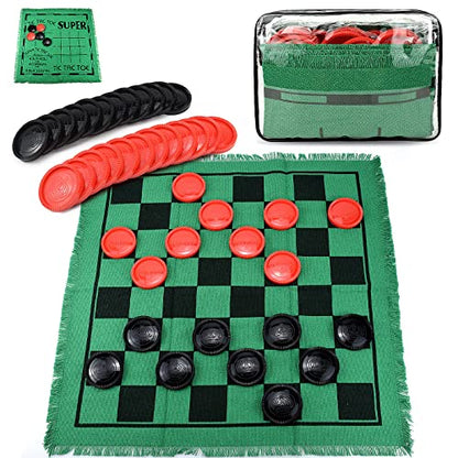 Giant Checkers 3 in 1 Tic Tac Toe Game Board for Adults and Kids with 24 Checker Pieces Reversible Rug, Indoor & Outdoor Games for Family, Party, School, Office,Travel