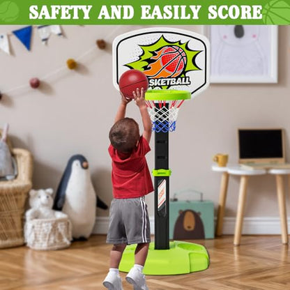 3 in 1 Toddler Basketball Hoop and Tee Ball Set for Boys: Kids Baseball Tee with Automatic Pitching Machine Adjustable Height Indoor and Outdoor Sports Toys Christmas Birthday Gifts for Boy Age 3-12 - style: Green Basketball Hoop
