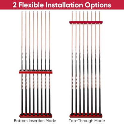 Pool Stick Holder Wall Mount, 8-Hole Metal Billiard Pool Cue Rack with Plastic Inserts, Heavy-Duty Wall-Mounted Cue Storage Pool Pool Accessories for Home Game Room, Bar, Man Cave (Red)