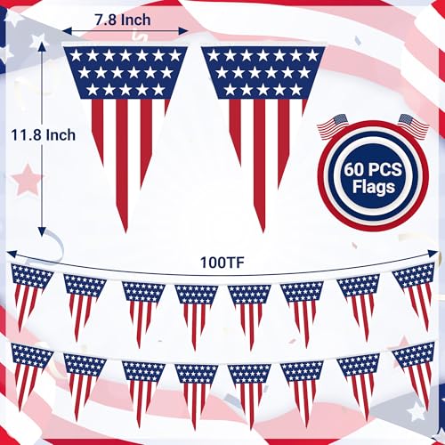 100FT 4th of July Decorations, 60Pcs Pennant Fourth of July Banner, 7.8 x 11.8 Inches Fourth of July American Flags for Outside 4th of July Accessories Independence Day Patriotic Party Parade Decor - style: 4th of July