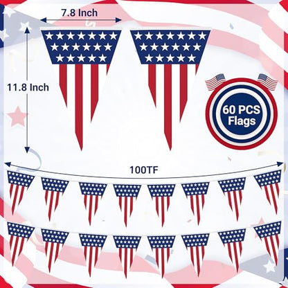 100FT 4th of July Decorations, 60Pcs Pennant Fourth of July Banner, 7.8 x 11.8 Inches Fourth of July American Flags for Outside 4th of July Accessories Independence Day Patriotic Party Parade Decor - style: 4th of July