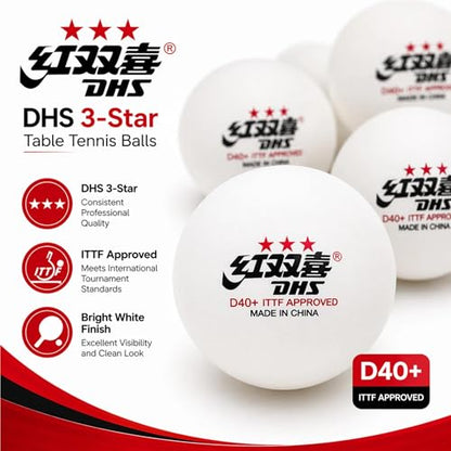 DHS D40+ 3-Star Ping Pong Balls, ITTF Approved, Official Size 40+mm, Consistent Bounce for Training and Competition, White, 10 Count