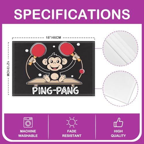 Erosebridal Cute Ping-Pong 12x18 Inch Placemats Set of 4, Kawaii Monkey Zoo Place Mat for Kids Boys Girls, Ball Sport Games Oil Proof for Dining Kitchen Table, Black White Animal Table Mats - color: Black Red