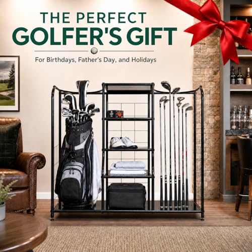 Morvat Golf Organizer for Golf Bags, Clubs, Gadgets, Travel Stuff, & Accessories, Adjustable Feet, Store and Organize Your Equipment, Holds 2 Golf Bags & 5 Metal Accessory Shelves, 38x36x16 - style: Style 1