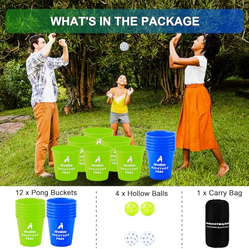 Aivalas Yard Pong Outdoor Games Glow Set in Dark, Giant Yard Pong Game for Adults and Family with 12 Buckets, 4 Balls and a Carrying Bag, Giant Pong for Beach, Camping, Lawn and Backyard - color: Green/Blue Glow in Dark