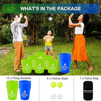 Aivalas Yard Pong Outdoor Games Glow Set in Dark, Giant Yard Pong Game for Adults and Family with 12 Buckets, 4 Balls and a Carrying Bag, Giant Pong for Beach, Camping, Lawn and Backyard - color: Green/Blue Glow in Dark