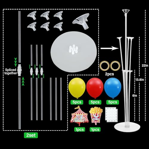 Carnival Circus Birthday Party Balloons Stand Kit 2 Sets with 2 Circus Tent Popcorn Foil Balloons Plim Themed Red Blue Yellow Balloon Centerpiece for Tables for Carnival Birthday Party Decorations - style: Carnival Circus