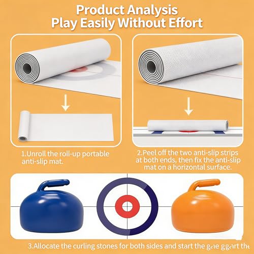 Curling Board Game Tabletop Edition with Large Roll Up Mat Portable Indoor Outdoor Family Fun Interactive Desktop Curling for Home Party Travel